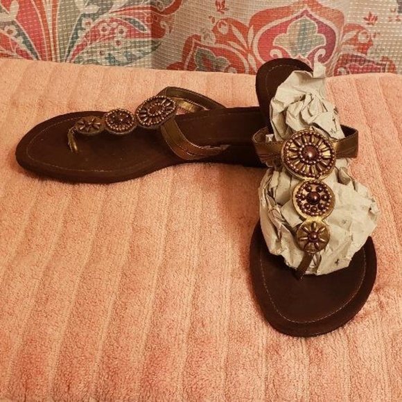 Shoes - BROWN COPPER BEADED SLIP ON SANDLES
